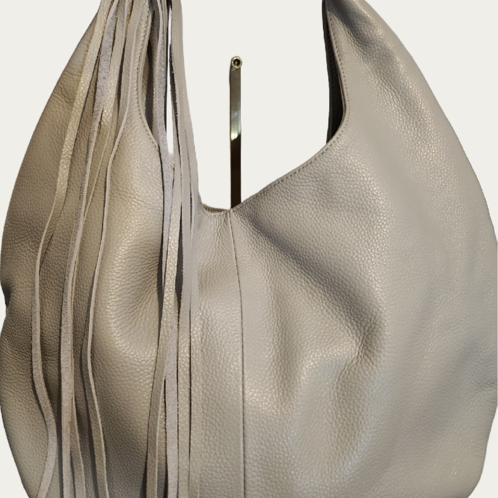 Soft Pebbled Hobo Bag with Fringe Strap - Taupe - Picture 4 of 10